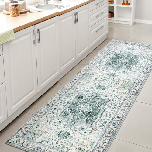 XSIVOD Runner Rugs for Hallway, Green Washable Rugs for Entryway Kitchen Runner, Soft Vintage Area Rugs for Bedroom Living Room Rug, Non Slip Floor Accent Carpet for Home Deocor, 60 x 180 cm