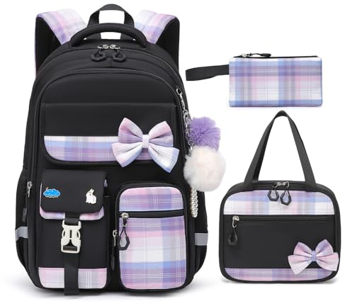 Alrisg Girls School Backpack Preppy Plaid Bookbag Lightweight Backpack for Girls Elementary Middle School Bow Black Set