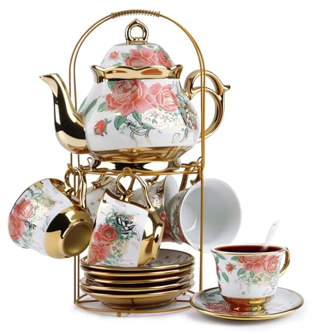 Goldmeet 20-teiliges Porzellan-Teeset mit Metallhalter,Europäisches Keramik-Teeset für Erwachsene,Kaffee Erwachsene Teeservice für 6 Personen
