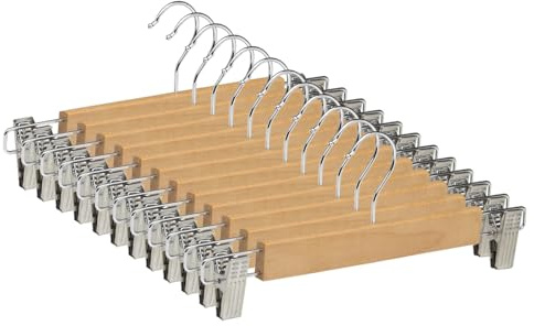 Perchas de Madera Natural 12 Unidades con Pinzas Ajustables para Faldas Pantalones Shorts Vaqueros, Antideslizantes y Gancho Giratorio 360°