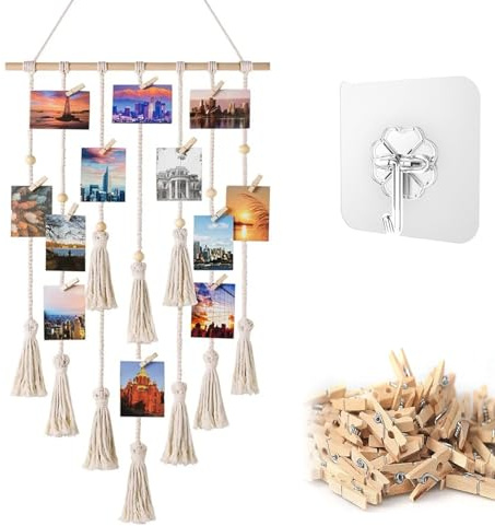 Foto Hängendes Makramee mit 30 Holzclip - Wandbehang Display, Boho Bilderrahmen Collage Fotovorhang Wand Dekor, Makramee Fotowand für Wohnkultur Schlafzimmer Teen Teenage Mädchen Geschenke