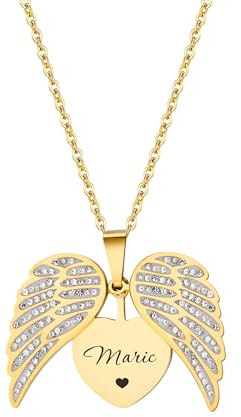 Svyqwmz Collana personalizzata con ali d'angelo Collana personalizzata con nome inciso Cuore medaglione Coppie Gioielli commemorativi regalo per donne uomini