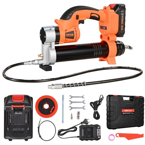 VEVOR Ingrassatore a Batteria Senza Fili, Pressione Massima 55 MPa Ingrassatore Elettrica, Batteria 2,0 Ah e Luce LED, Custodia per Trasporto, Grilletti a velocità Variabile, Ingrassaggio di Veicoli