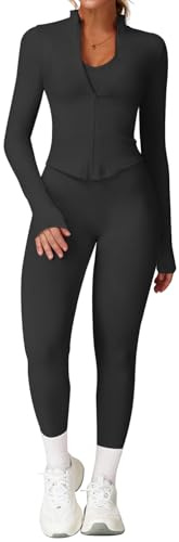 MAYROUND Set da palestra da donna, 2 pezzi, a maniche lunghe, con cerniera, con leggings nascosti, set per allenamento, yoga, abbigliamento sportivo, Nero , M