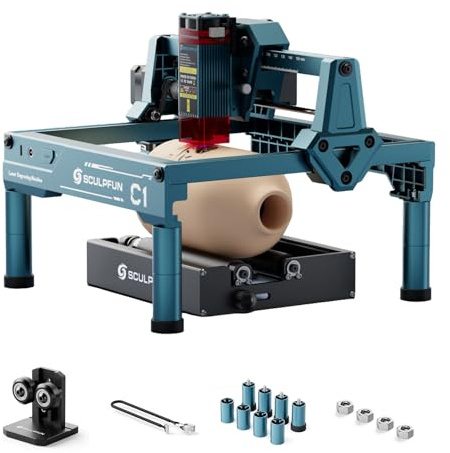SCULPFUN Mini macchina per incisione laser C1 da 3 W con mini rullo girevole RA, macchina per incisione laser ad alta precisione da 0,04 mm, velocità fino a 10.000 mm/min