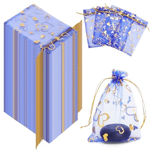 VOSSOT 100PCS Bolsas de Organza Azul Unidades 16x11cm con Diseño de Corazones, Bolsitas Bomboneras Boda Confites Caramelos, Bolsas Organza Comunión Bautizo Recuerdos, Bolsitas Regalo Joyas
