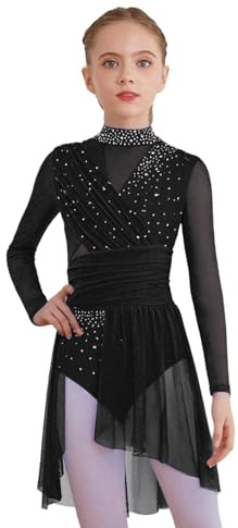 Sywiyi Vestito da ragazza per pattinaggio artistico con glitter a maniche lunghe, abito da ballo, leotardo con gonna per bambini, balletto, allenamento, palcoscenico, Nero , 170