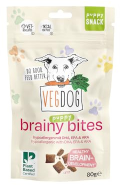 VEGDOG Brainy Bites allergivänliga krispiga kuddar för hundar (1 x 80 g) | godis med fettsyror för att stödja hjärnhälsa | lämplig för valpar