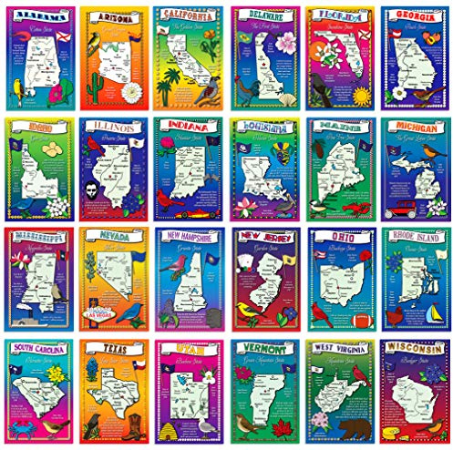 U.S. State Map Postcard Set. 50 modern post card variety pack. Illustrated postcards with maps of all fifty states of the United States of America. Made in USA.