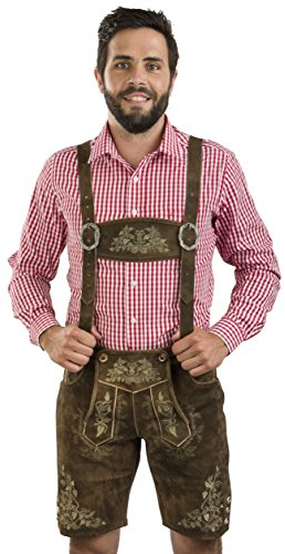 Schöneberger Trachten Couture Herren Trachtenlederhose braunes Leder - grüne Stickereien - Klassische Lederhose inkl. Hosenträger für Oktoberfest Herbstlaub (48)