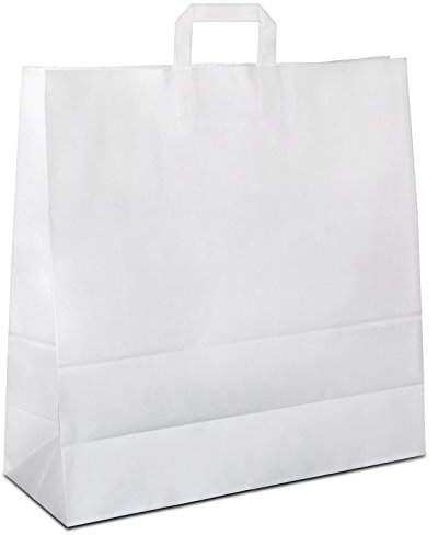 Papiertüten weiß mit Flach-Henkel I 50 Stk. 45+17x47cm I Papiertragetasche für Einzelhandel, Hochzeit, Geburtstag, TO-GO I Geschenktüten aus Kraftpapier I HUTNER