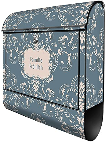 banjado® Design Briefkasten personalisiert Royal Creme Blau 38,5x46,5x13cm & 2 Schlüssel - Briefkasten Stahl schwarz Zeitungsfach pulverbeschichtet - Postkasten A4 Einwurf inkl. Montagematerial