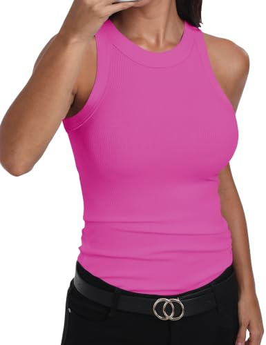 GEMBERA Womens Sleeveless Racerback High Neck Basic Ribbed Knit Fitted Tank Top Hot Pink L