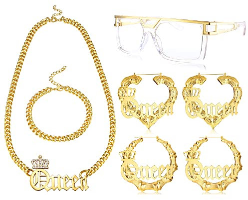 Magitaco Kit de costume hip-hop des années 80/90 - Chaîne cubaine dorée - Collier bracelet DJ transparent - Lunettes de soleil transparentes en forme de cœur - Boucles d'oreilles rectangulaires en