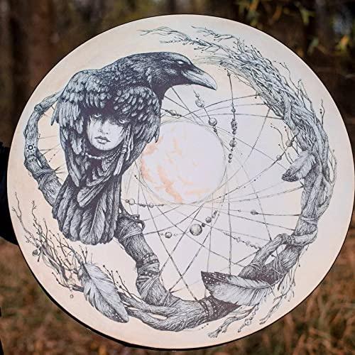 Tambour Chamanique 10 Pouces Fait à la Main avec Bâton de Tambour Arbre de Vie Outil de Guérison Sonore pour la Musique Spirituelle, Méditation de Réflexion (Corbeau)