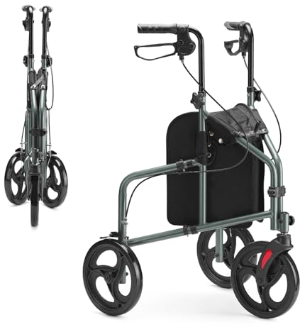 HEAO Déambulateur étroit pour appartement en aluminium avec 3 roues, pliable, aide à la marche légère avec sac amovible pour l'intérieur et l'extérieur, gris