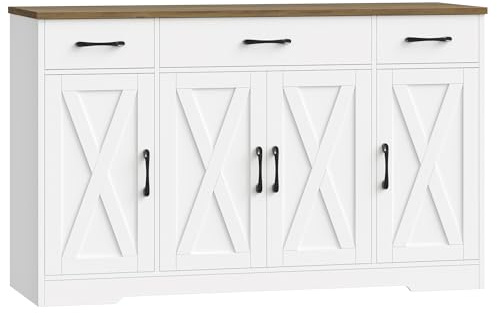 HOSTACK - clóset buffet con cajones, aparador grande de 55 pulgadas con estantes y 4 puertas, moderno clóset de bar de café de granja para cocina, comedor, blanco/rústico