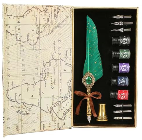LSFCHYBY Set med ädelsten Quill penna och bläck, fjäderpenna bläckset, vax försegling stämpel set, fjäder kalligrafi penna set, olika helgdagar (ädelsten europeisk grön)