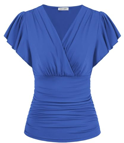 GRACE KARIN Women's Puffed Sleeveless T Shirt Casual V Neck Blouses Tops for Summer Spring Peacock Blue L