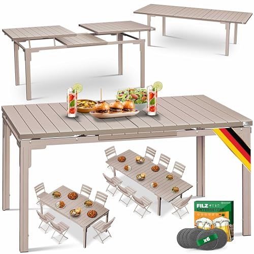 KESSER® Gartentisch ausziehbar Esstisch 180/240x90cm erweiterbar bis 8 Personen Ausziehtisch mit pulverbeschichtetem Stahl-Gestell & HDPE Tischplatte Wetterfest & UV-Beständig inkl. 6 Filz-Untersetzer