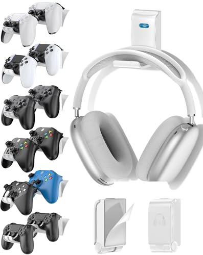 Gaming Accessories Controller & Headphone Stand, Wall Mount Holder for 12 Remotes & Foldable Headset Stand, Universal Wall-friendly Game Controller Holder Hanger Hook for Xbox, PS5/4, Nintendo, White
