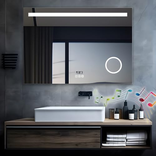 MIQU LED Badspiegel mit Beleuchtung 100x70 cm Badezimmerspiegel, Bad Groß Spiegel mit Steckdose Uhr Bluetooth Touch Dimmbar Warm/Weiß Licht Beschlagfrei Vergrößerung Wandspiegel