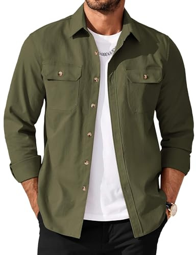 COOFANDY Button Down Shirt Jacket for Men Lightweight Work Shirts with Pockets Olive Green