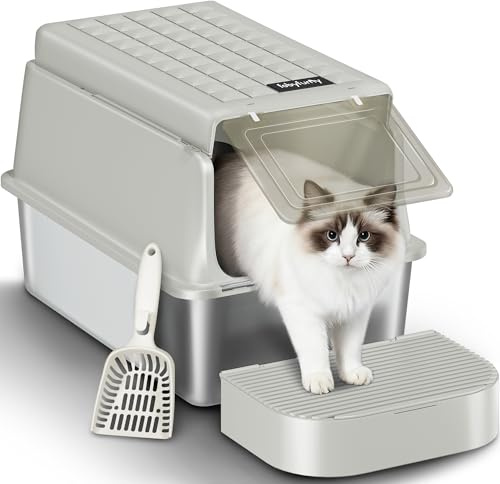 Fobyfurny Bac à Litière pour Chat INOX XXL, 60x40x38,5 cm, Gris Crème