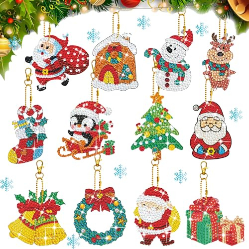 12 st diamantmålning, hänge, jul, diamanter, målning, nyckelring, gör-det-själv-set, 5D dubbelsidig diamantmålning, nyckelring, kreativt set för barn och vuxna, pyssel, julgransdekoration
