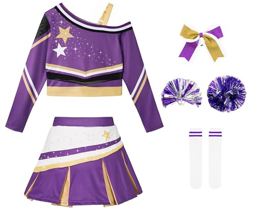 LOLANTA Déguisement de pom-pom girl scintillante pour fille avec pompons, nœud et chaussettes, violet, 9-10 ans, 140