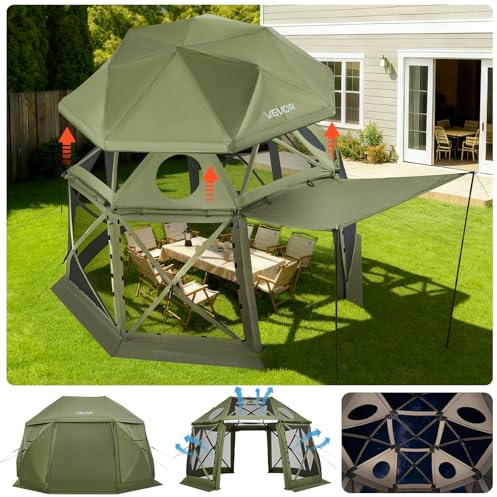 VEVOR Tente Moustiquaire Tonnelle Pop-up 3,96x3,96 m Tente Moustiquaire Pliante 10-12 Personnes 13 Côtés Abri Solaire pour Camping Famille, Terrasse, Jardin, avec Toit Amovible, Sac de Transport, Vert
