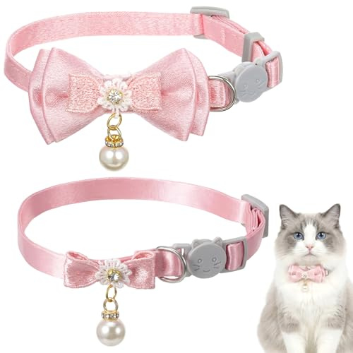 2 stycken katthalsband med säkerhetslås, elastiskt med pärlhänge och rosett, mjukt rosa halsband för katter, dekorativ fluga, justerbar och bekväm