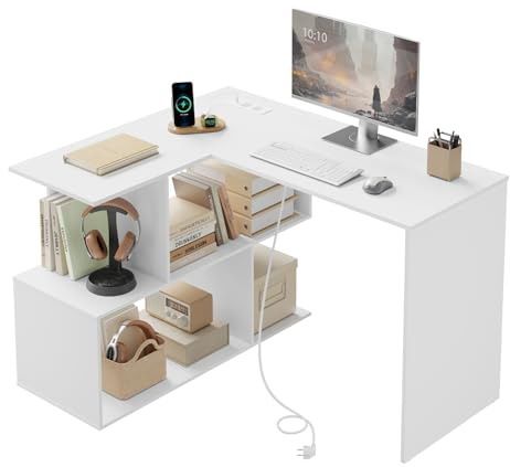 WOLTU Scrivania Angolare con Libreria, 120x100 cm, Scrivania a L con 2 Prese e Porta USB-C, Tavolo da Lavoro per Ufficio Camera da Letto Studio, Bianco