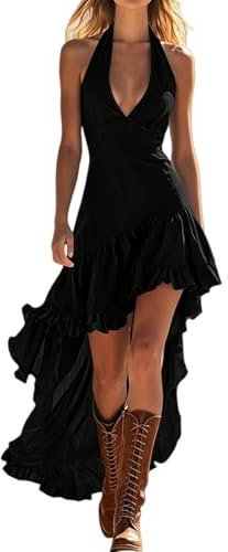 Vestiti Donna Eleganti - Abito Donna Estivo Boho con Scollo a V, Spalline Halter, Orlo Asimmetrico Lungo Dietro, Volant, Vestito Casual Elegante per Spiaggia e Vacanza