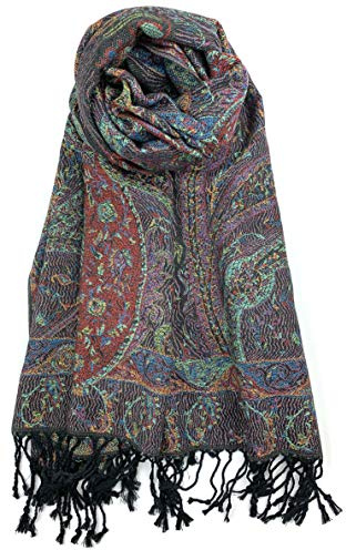 Plum Feathers Pashmina Scarf with Ethnic Tapestry Style Paisley Pattern - 67 x 28 Everyday Pashmina Travel Wrap and Shawl (Black Multi Tapestry)