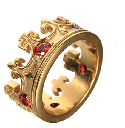 HIJONES Hombre Acero Inoxidable Retro Estilo Corona con Forma De Rojo Piedra Preciosa con Incrustaciones Anillo Oro Tamaño 17