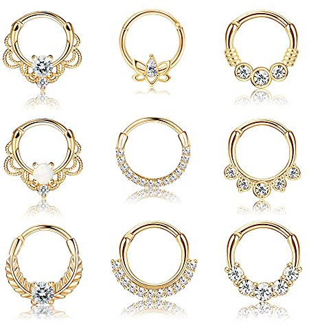 Drperfect 9PCS 16G Septum Rings Opal Daith Earrings Hoop Nose Rings 316L Stainless Steel CZ Cartilage Helix Tragus Earrings Septum Clicker Piercing Jewerly Gold Tone 8MM