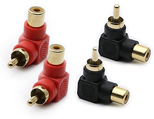 RCA Male to RCA Female Connectors Right Angle Plug Adapters M/F 90 Degree Elbow Gold-Plated (2 Black + 2 Red) (4-Pack)