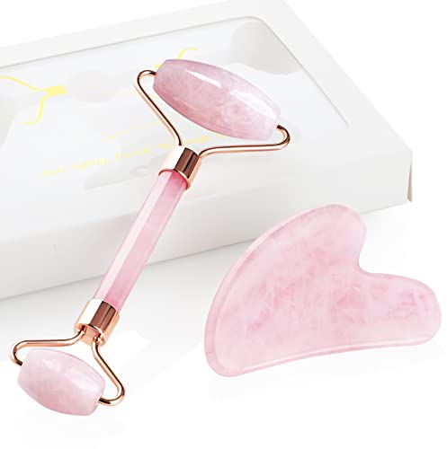 GeeRic Masajeador Facial, Masajeador Gua Sha Mujer Rodillo Masaje Guasha Facial Piedra Masajeador de Ojos Bolsas y Ojeras, Belleza Jade Natural Roller Facial Cuarzo Antienvejecimiento,Cuarzo Rosa