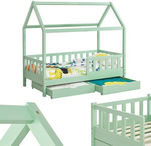 Juskys® Kinderbett Marli 90 x 200 cm mit Bettkasten 2-teilig, Rausfallschutz, Lattenrost & Dach - Massivholz Hausbett für Kinder - Bett in Mint