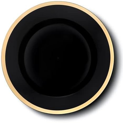 Decorline 4x Platzteller - Schwarz/Gold - Dekoteller Ø 33 cm Event Teller Wiederverwendbare Kunststoff Unterteller als Tischdekoration für Event Hochzeit Geburtstag Deko Silvester Weihnachten Ostern