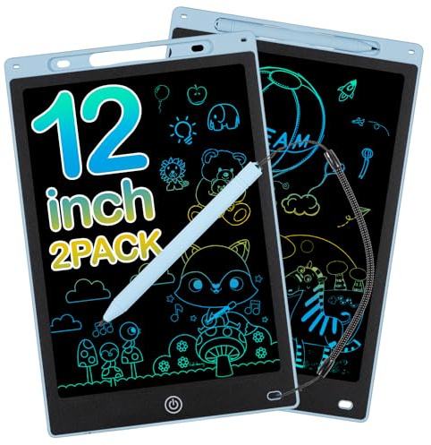 2 Pièces Tablette d'écriture LCD de 12 Pouces Coloré, Effaçable et Réutilisables pour Filles de 2-7 Ans Tablette Dessin Enfant Jouet Educatif de Filles et Garçons Cadeaux d'anniversaire Noël, Bleu