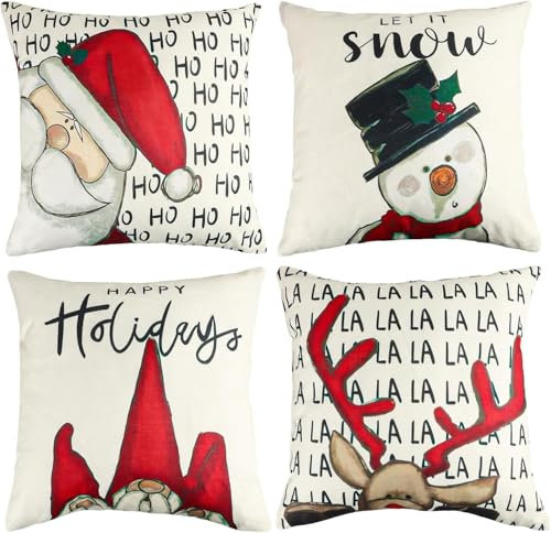 DERAYEE 4 Pcs Weihnachten Kissenbezug Set,Leinen Weihnachtsdeko Kissenhülle,Dekokissen,Kissen,Sofakissen Leinen Kissenbezüge für Sofa Couch Zimmer Platz(45X45) (Weihnachten 2)