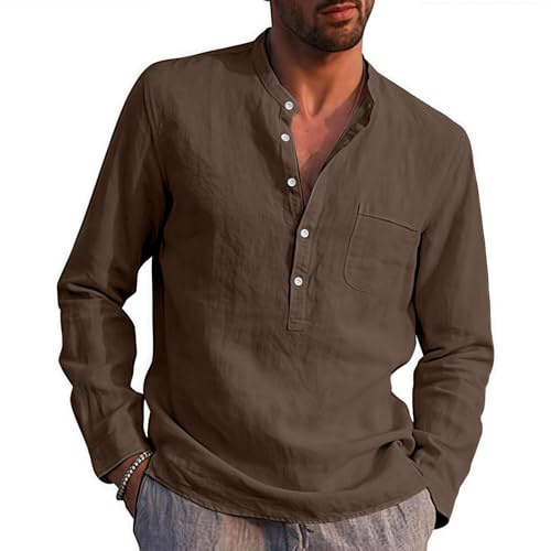 Rodawu Mens Linen Shirts Long Sleeve Casual Cotton Summer Beach Henley Shirt Tops Coffee XL