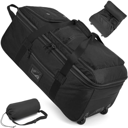 TAIHOYIN Large Foldable Duffle Bag with Wheels 85-100L Expandable Wheeled Holdall Extra Large Travel Rolling Duffel Bags for Men Women Collapsible Big Soft Luggage Camping, Black