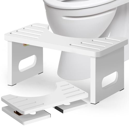 RayLove Toilettenhocker, Fußbank aus Bambus mit Anti-Rutsch-Pads, platzsparend zusammenklappbar, 35 Grad strapazierfähiger C Förmiger Hocker (HellWeiß)