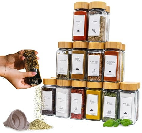 Comforder – Kryddburkar i Glas med Trälock – 336 Svenska Etiketter – 24-pack – 120 ml – Med Tillbehör (Bamboo)