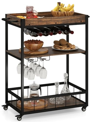 GOPLUS Carrito de Bar para Hogar, Carrito de Servicio de 3 Niveles con Bandeja Removible, Soporte para Vino y Porta Copas, Carrito de Vino Industrial con Ruedas y Asa para Cocina, Comedor