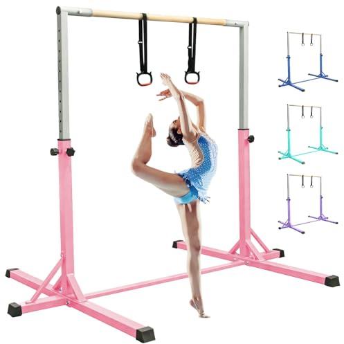 Barra de gimnasia para niños, barra horizontal con anillos de gimnasia, 13 de altura ajustable, equipo de entrenamiento de gimnasia para interiores y exteriores