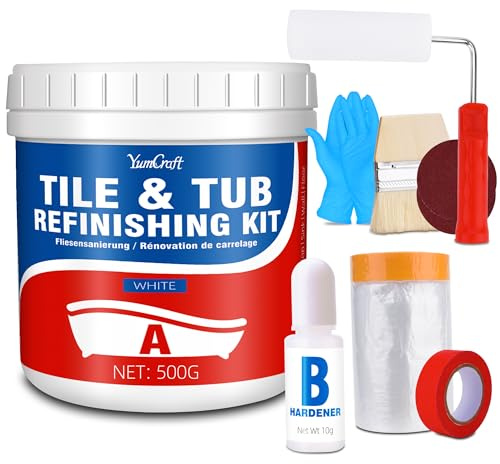 YumCraft White Tile Paint, 500g Tub and Tile Refinishing Kit with Tools and Hardener - Bath Paint Enamel for Bathroom, Countertop, Wash Basin, Kitchen, Porcelain, Floor, Easy to Use, 25-30sq.ft